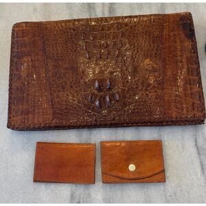 Vintage Genuine Crocodile Leather Clutch Brown Large Wallet Set